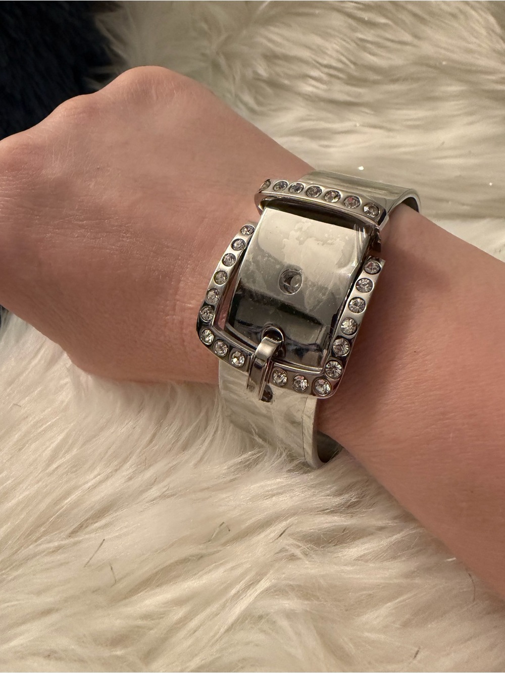 Y2K Silver Tone Rhinestone Wide Belt Buckle Cuff Bracelet